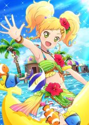  aikatsu!_(series) aikatsu!_photo_on_stage!! aikatsu_stars! angelfish banana_boat beach beads blonde_hair bracelet butterflyfish cloud clownfish coconut_tree day dolphin_pendant female fish floral_print flower green_eyes hair_flower hair_ornament hibiscus hibiscus_print jewelry necklace nikaido_yuzu ocean open_mouth outdoors palm_tree sky sleeveless smile sunlight tree tropical_fish twintails water 