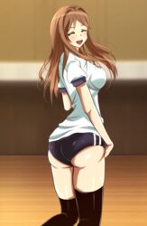  ass brown_hair buruma closed_eyes commentary_request female gym_uniform highres long_hair open_mouth photokano smile solo thighhighs tranquilizer_(bestcenter) yunoki_rina 