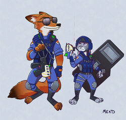  2016 anthro armor ballistic_shield canid canine clothed clothing disney duo eyewear female fox fur grey_background grey_body grey_fur gun headgear helmet inner_ear_fluff judy_hopps knee_pads lagomorph leporid looking_back male mammal nick_wilde purple_eyes rabbit ranged_weapon red_fox riot_gear riot_police riot_shield rockbottomfeeder shield simple_background smile sunglasses true_fox tuft weapon white_background zootopia 