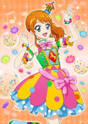  aikatsu! aikatsu!_(series) aikatsu!_photo_on_stage!! beads beamed_eighth_notes beamed_sixteenth_notes braid carousel confetti dress earrings eighth_note female flower french_braid frills green_eyes hair_ornament jewelry musical_note orange_background orange_hair ponytail quarter_note ribbon smile solo tachibana_michelle 