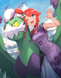  ;d blue_eyes blue_sky blush breasts china_dress chinese_clothes cloud dress female flying hair_ornament hand_up highres hirono_(hxze4434) landorus landorus_(therian) medium_breasts official_alternate_costume one_eye_closed open_mouth pokemon pokemon_(creature) pokemon_masters_ex purple_dress red_hair riding sidelocks sky skyla_(anniversary_2022)_(pokemon) skyla_(pokemon) smile tan thundurus thundurus_(therian) tied_hair tornadus tornadus_(therian) 