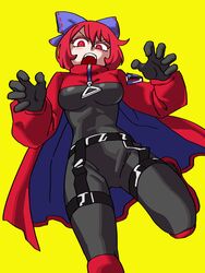  absurdres akatsuki_records black_bodysuit bodysuit bow breasts cape eddybird55555 female foot_out_of_frame garter_straps hairbow hands_up highres looking_at_viewer open_mouth red_cape red_eyes red_hair rock_&#039;n&#039;_rock_&#039;n&#039;_beat sekibanki short_hair simple_background skin_tight solo standing standing_on_one_leg touhou uneven_eyes v-shaped_eyebrows yellow_background 