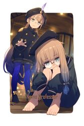  1boy barefoot beret black_headwear black_jacket black_sailor_collar blue_hair blue_pants blue_shirt captain_nemo_(fate) echo_(circa) fate/grand_order fate_(series) feet female glasses gradient_hair green_eyes hat hat_feather jacket light_brown_hair long_hair long_sleeves multicolored_hair nemo_(fate) pants pantyhose professor_nemo_(fate) round_eyewear sailor_collar shirt sidelocks sitting sleeves_past_fingers sleeves_past_wrists tight_clothes tight_pants turban two-tone_hair 