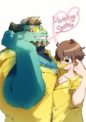  anthro brown_hair cipactli_(tas) dragon duo eyewear hair human lifewonders male male/male mammal matching_clothing mythological_creature mythological_scalie mythology pecs_touching protagonist_(tas) scalie size_difference sunglasses tokyo_afterschool_summoners twink_protagonist_(tas) youmoxto 