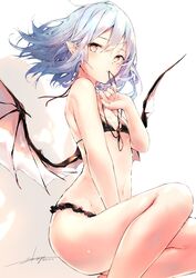  alternate_eye_color artist_name bare_arms bare_legs bare_shoulders bat_wings bikini black_bikini blue_hair commentary_request feet_out_of_frame female flat_chest groin hair_between_eyes highres looking_at_viewer mouth_hold navel no_headwear orange_eyes pointy_ears remilia_scarlet sakusyo short_hair signature sitting solo stomach swimsuit thighs touhou white_background wings 