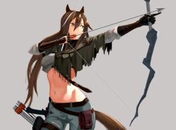  absurdres animal_ears arknights arrow_(projectile) belt black_belt black_gloves bow_(weapon) brown_hair capelet commentary_request cowboy_shot crop_top drawing_bow female gloves green_eyes grey_background grey_capelet grey_shirt hair_between_eyes highres holding holding_arrow holding_bow_(weapon) holding_weapon long_hair long_sleeves meteor_(arknights) midriff navel parted_lips pointing pouch shirt simple_background solo standing stomach tail vambraces very_long_hair weapon yakupan 