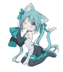  ;3 animal_ear_fluff animal_ears bad_id bad_twitter_id bare_shoulders black_footwear black_skirt black_sleeves black_thighhighs blue_bow blue_eyes blue_hair blush boots bow cat_ears cat_girl cat_tail chibi closed_mouth commentary detached_sleeves dress female full_body grey_dress hairbow hands_up hatsune_miku highres hitode kemonomimi_mode long_hair long_sleeves looking_at_viewer one_eye_closed pelvic_curtain pleated_skirt simple_background sitting skirt sleeveless sleeveless_dress solo tail thigh_boots thighhighs twintails very_long_hair vocaloid wariza white_background 