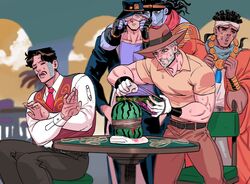  4boys daniel_j._d&#039;arby exploding_watermelon_challenge food fruit gloves hat jewelry jojo_no_kimyou_na_bouken joseph_joestar joseph_joestar_(old) kujo_jotaro maitake_(cbe08253) mohammed_avdol multiple_boys muscular muscular_male necklace necktie red_vest rubber_band safety_glasses shirt stand_(jojo) star_platinum stardust_crusaders table vest watermelon white_gloves yellow_shirt 