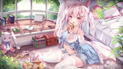  ahoge animal_ears bare_shoulders blush braid clock_hair_ornament collarbone crop_top crumbling day eating fangs female food hair_ribbon hands_up highres holding holding_food indoors long_hair looking_at_viewer manman_manyou_haiyang_de_paomo navel no_shoes off_shoulder on_floor open_mouth original pink_eyes ribbon scenery sitting skin_fangs solo tail thighhighs twintails virtual_youtuber wariza white_hair white_thighhighs 