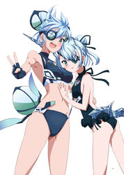  2girls :d asymmetrical_horns backless_swimsuit bikini blue_bikini blue_eyes blue_gloves blue_hair blue_one-piece_swimsuit breasts casual_one-piece_swimsuit eyepatch fingerless_gloves frilled_one-piece_swimsuit frills gloves hair_bun horns kageyasu looking_at_viewer multiple_girls navel one-piece_swimsuit open_mouth praxis_(xenoblade) siblings simple_background single_hair_bun sisters smile stomach swimsuit theory_(xenoblade) v white_background xenoblade_chronicles_(series) xenoblade_chronicles_2 