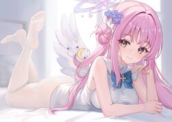  angel_wings ass bare_arms bare_shoulders bedroom blue_archive blue_bow blue_flower bow breasts closed_mouth day dress fanteam feathered_wings feet feet_up female flower frilled_ribbon frills hair_bun hair_flower hair_ornament hair_ribbon halo indoors large_breasts legs long_hair looking_at_viewer low_wings lying md5_mismatch medium_dress mika_(blue_archive) no_pants no_shoes on_bed on_stomach pink_hair ribbon single_side_bun sleeveless sleeveless_dress smile soles solo the_pose thighs toes white_dress white_ribbon white_wings wing_ornament wings yellow_eyes 