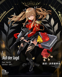  bad_link black_bow black_dress black_footwear black_thighhighs boots bow breasts brown_hair character_name copyright_name dress english_text female girls&#039;_frontline gun h&amp;k_ump hairbow high_heel_boots high_heels highres holding holding_gun holding_weapon jacket long_hair looking_at_viewer marching_band official_alternate_costume official_art open_mouth promotional_art red_eyes red_jacket scar scar_across_eye scar_on_face simple_background solo standing submachine_gun tape thighhighs torn_clothes torn_dress torn_jacket torn_thighhighs twintails ump9_(bolero_dance_bird)_(girls&#039;_frontline) ump9_(girls&#039;_frontline) uniform weapon weapon_case 