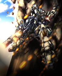  absurdres cloud gun gundam gundam_08th_ms_team gundam_ez8 highres holding holding_gun holding_weapon looking_down mecha mobile_suit no_humans radio_antenna red_eyes robot shell_casing sky sliding sunflower_(tomodog422) weapon 