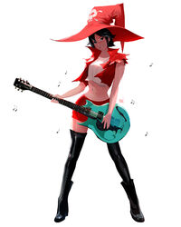  black_hair black_thighhighs electric_guitar female guilty_gear guitar hat highres i-no instrument jacket red_eyes red_jacket redesign ross_tran short_hair shorts skull solo thighhighs thighs witch_hat 