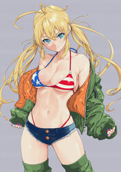  absurdres ahoge american_flag american_flag_bikini american_flag_print aqua_eyes bikini bikini_under_clothes blonde_hair blue_nails blue_shorts blush breasts bright_pupils cleavage closed_mouth collarbone denim denim_shorts female flag_print green_jacket green_thighhighs hashiguchi_takashi highres jacket long_hair long_sleeves looking_at_viewer medium_breasts midriff monica_adenauer multicolored_nails nail_polish navel off_shoulder open_clothes open_jacket print_bikini red_bikini red_nails short_shorts shorts sleeves_past_wrists smile solo swimsuit thighhighs thong_bikini twintails white_pupils yakitate!!_japan 