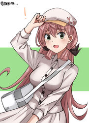  akashi_(kancolle) alternate_costume bad_id bad_twitter_id bag beret blunt_tresses commentary_request female green_eyes hair_ribbon handbag hat kantai_collection long_hair looking_at_viewer meguru_(megurunn) pink_hair pleated_skirt ribbon shirt skirt solo tress_ribbon twitter_username two-tone_background white_background white_hat white_shirt white_skirt 