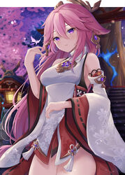  absurdres animal_ears bad_id bad_pixiv_id bare_shoulders breasts cherry_blossoms commentary cowboy_shot detached_sleeves earrings female floppy_ears fox_ears genshin_impact highres japanese_clothes jewelry kiri_celea lantern long_hair low-tied_long_hair outdoors pink_hair purple_eyes red_skirt shirt sideboob skirt sleeveless sleeveless_shirt solo wide_sleeves yae_miko 