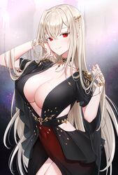  absurdres arm_up avalanche_(team_greed) bare_shoulders black_choker black_dress breasts choker cleavage closed_mouth clothing_cutout covered_navel cowboy_shot dress female hair_ornament hand_up highres large_breasts long_hair looking_at_viewer mole mole_on_breast no_bra official_art raku_(clearpage) red_eyes side_cutout smile solo standing team_greed very_long_hair virtual_youtuber white_hair 