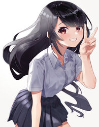  :d absurdres bangs black_hair black_skirt blush breast_pocket collared_shirt commentary_request dress_shirt female fingernails grin hand_up highres leaning_forward long_hair looking_at_viewer miniskirt open_mouth original pleated_skirt pocket red_eyes school_uniform shirt short_sleeves simple_background skirt smile solo taiga_(ryukyu-6102-8) teeth v very_long_hair white_background wing_collar 