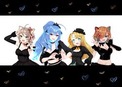  4girls :d \m/ absurdres ahoge animal_ear_fluff animal_ears aqua_eyes black_choker black_dress blonde_hair blue_eyes blush breasts cat_ears cat_girl choker cleavage cleavage_cutout clothing_cutout colored_inner_hair commentary detached_sleeves dog_ears dog_girl double_\m/ dress english_commentary fangs furai_sen green_eyes green_hair hair_over_one_eye heart heterochromia highres holding holding_microphone horns lineup long_hair looking_at_viewer medium_breasts microphone midriff mismatched_animal_ear_colors miyoshino_shiki multicolored_hair multiple_girls navel one_eye_covered open_mouth orange_eyes pengin_pina penguin_girl prism_project rikudou_yura short_hair skin_fangs smile spiked_choker spikes suzune_nia virtual_youtuber x_x 