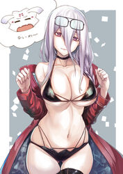  ass_visible_through_thighs azur_lane bare_shoulders bikini black_bikini black_choker black_thighhighs border braid breasts choker cleavage clenched_hands coat collarbone cosplay embarrassed extra_pupils eyewear_on_head female glasses grey_background grey_hair hair_between_eyes hair_over_shoulder kumo_desu_ga_nani_ka? kumoko_(kumo_desu_ga_nani_ka?) large_breasts long_hair navel off_shoulder open_clothes open_coat pink_eyes red_coat ryo_(sora-ryu) shiraori sidelocks single_braid solo swimsuit taihou_(azur_lane) taihou_(azur_lane)_(cosplay) taihou_(enraptured_companion)_(azur_lane) thigh_gap thighhighs thought_bubble voice_actor_connection wavy_mouth white_border yuuki_aoi 