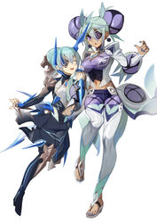  2girls armored_boots asymmetrical_horns blue_dress blue_hair blue_nails boots breasts dark-skinned_female dark_skin double_bun dress earrings eyepatch flip-flops full_body gauntlets hair_bun horns jacket jewelry long_sleeves looking_at_viewer midriff_peek multiple_girls nail_polish navel newflame open_mouth pants praxis_(xenoblade) purple_eyes sandals siblings simple_background single_hair_bun sisters smile stomach theory_(xenoblade) toenail_polish toenails white_background white_jacket white_pants xenoblade_chronicles_(series) xenoblade_chronicles_2 