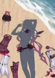  absurdres arm_up beach belt chibi commission crystal_wings dress dressed_shadow_(meme) female flower halo highres hololive hololive_english horns implied_nudity irys_(hololive) irys_(irys_2.0)_(hololive) long_hair meme negligee red_flower sand shadow shift_(shiftillust) shoes silhouette smile smol_irys solo unworn_clothes unworn_dress unworn_shoes v virtual_youtuber water 