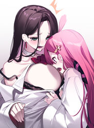  2girls absurdres ahoge ako_ko_(yaguo) black_bra black_hair bouncing_breasts bow bra breast_awe breasts cleavage collar earrings face_to_breasts green_eyes hashtag-only_commentary highres jewelry large_breasts long_hair long_sleeves looking_at_another looking_at_breasts motion_blur multiple_girls off_shoulder open_clothes open_mouth original pink_hair red_bow red_eyes simple_background tearing_up underwear upper_body white_collar yaguo yuri 