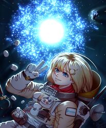  absurdres astronaut blonde_hair bloop_(gawr_gura) blue_eyes bob_cut bubba_(watson_amelia) commentary copyright_name cosplay death-sensei_(mori_calliope) english_commentary female floating food hair_ornament hatchling_(outer_wilds) hatchling_(outer_wilds)_(cosplay) highres hololive hololive_english jetleck kotori_(takanashi_kiara) logo looking_at_viewer marshmallow medium_hair outer_wilds red_scarf scarf science_fiction smile solo space spacesuit sun supernova_(star) takodachi_(ninomae_ina&#039;nis) v virtual_youtuber watson_amelia 