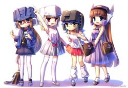  4girls :o aged_down aoi_rena black_skirt blue_eyes bobby_socks brown_eyes decepticon dress earphones finger_gun genderswap_(mtf) glasses helmet humanization long_hair looking_at_viewer loose_socks medium_hair megatron multiple_girls pantyhose pink_dress q-transformers red_eyes rule_63 sandals shockwave_(transformers) skirt socks soundwave_(transformers) starscream thighhighs transformers very_long_hair waving white_background white_dress yellow_eyes zettai_ryouiki 