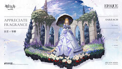  absurdly_long_hair arknights bare_shoulders blonde_hair blue_eyes blue_sky breasts cloud collar day dress female flower gloves highres holding holding_umbrella horns large_breasts long_hair looking_at_viewer off-shoulder_dress off_shoulder official_alternate_costume official_art outdoors petals pointy_ears rose saileach_(appreciate_fragrance)_(arknights) saileach_(arknights) short_sleeves sky smile solo standing umbrella very_long_hair white_dress white_flower white_gloves white_rose xiayehongming 