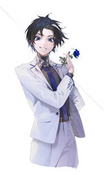  absurdres androgynous arm_across_chest arm_behind_back bad_id bad_pixiv_id belt black_hair blue_eyes blue_flower blue_nails blue_neckwear buckle collared_shirt commentary_request cowboy_shot dated earrings eyeshadow female fingernails flat_chest flower formal grey_hair grin highres holding holding_flower jacket jewelry keishi_(shining_star) looking_at_viewer makeup multicolored_hair ohisashiburi pant_suit pants partial_commentary purple_eyeshadow reverse_trap shining_star shirt short_hair signature simple_background smile solo standing suit two-tone_hair white_background 