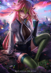  arm_support axsen bangs banned_artist belt belt_buckle black_skirt breasts breasts_apart buckle closed_mouth collared_shirt cosplay day dress_shirt female genshin_impact gradient_hair green_hair green_legwear grey_belt hair_between_eyes highres kanroji_mitsuri kanroji_mitsuri_(cosplay) kimetsu_no_yaiba long_hair long_sleeves looking_at_viewer miniskirt multicolored_hair nail_polish open_clothes open_shirt outdoors partially_unbuttoned pink_hair pleated_skirt purple_eyes shirt sitting skirt smile solo thighhighs unbuttoned unbuttoned_shirt very_long_hair watermark white_nails white_shirt wing_collar yae_miko zettai_ryouiki 