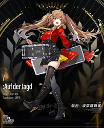  bad_link black_bow black_dress black_footwear black_thighhighs blush boots bow breasts brown_hair character_name copyright_name dress drum drumsticks english_text epaulettes female girls&#039;_frontline hairbow han-0v0 high_heel_boots high_heels highres holding holding_drumsticks holding_instrument instrument jacket long_hair looking_away marching_band official_alternate_costume official_art open_mouth promotional_art red_eyes red_jacket scar scar_across_eye scar_on_face simple_background smile solo standing tape thighhighs twintails ump9_(bolero_dance_bird)_(girls&#039;_frontline) ump9_(girls&#039;_frontline) uniform walking weapon_case 