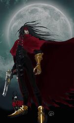  1boy alt_text black_hair canine clawed_gauntlets cloak commentary_request final_fantasy final_fantasy_vii gauntlets gloves gun headband long_hair male_focus moon pc+ pointed_footwear red_eyes torn_clothes vincent_valentine weapon 