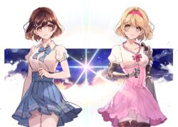  2girls absurdres armor black_thighhighs blonde_hair blue_bow blue_bowtie blue_skirt bow bowtie brown_hair closed_mouth collarbone collared_shirt cowboy_shot cunonn djeeta_(granblue_fantasy) dress_shirt fighter_(granblue_fantasy) floating_hair gauntlets granblue_fantasy hairband high-waist_skirt highres looking_at_viewer medium_hair miniskirt multiple_girls neck_ribbon pink_skirt pleated_skirt red_hairband red_ribbon ribbon shirt short_sleeves shoulder_armor skirt smile standing tajiri_miku thighhighs white_shirt wing_collar yellow_eyes 