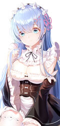  absurdres ahr_tato alternate_hair_length alternate_hairstyle blue_eyes blue_hair blush breasts cleavage commentary detached_sleeves dress female frills frown hair_ornament hair_over_one_eye hair_ribbon highres large_breasts long_hair looking_at_viewer maid maid_headdress photoshop_(medium) re:zero_kara_hajimeru_isekai_seikatsu rem_(re:zero) ribbon roswaal_mansion_maid_uniform simple_background solo symbol-only_commentary thighhighs white_background white_thighhighs x_hair_ornament 