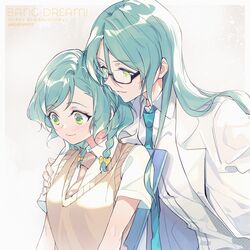  2girls aqua_hair aqua_necktie bang_dream! bespectacled blush bow braid brown_necktie collared_shirt commentary_request copyright_name glasses green_eyes hand_on_another&#039;s_arm haneoka_school_uniform hikawa_hina hikawa_sayo long_hair milk_puppy multiple_girls necktie school_uniform shirt short_hair short_sleeves siblings side_braids sidelocks sisters striped striped_necktie summer_uniform sweater_vest twins twitter_username white_shirt yellow_bow 