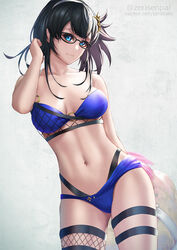  bare_shoulders bikini black-framed_eyewear black_hair blue_bikini blue_eyes breasts female glasses granblue_fantasy hairband illnott_(granblue_fantasy) illnott_(summer)_(granblue_fantasy) large_breasts long_hair looking_at_viewer navel o-ring o-ring_bikini official_alternate_costume single_thighhigh solo swimsuit thigh_strap thighhighs zeri_(zeristudio) 