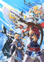  2girls 3boys belt blonde_hair blue_eyes blue_hair brown_hair dark_skin dizzy_(guilty_gear) fighting_stance gloves guilty_gear guilty_gear_xrd junkyard_dog_mk_iii ky_kiske long_hair lucifero_(guilty_gear) magnolia_eclair_ii multiple_boys multiple_girls pale_skin ponytail ramlethal_valentine red_eyes short_hair sin_kiske sol_badguy sword tan weapon wings yora 