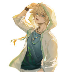  1boy animal_ears arknights black_wristband blonde_hair blue_eyes blue_shirt collarbone commentary_request dog_boy dog_ears highres hood hood_up hooded_jacket jacket jewelry long_sleeves male_focus necklace open_clothes open_jacket open_mouth shirt simple_background smile solo teeth tequila_(arknights) tuzhate upper_body white_background white_jacket 