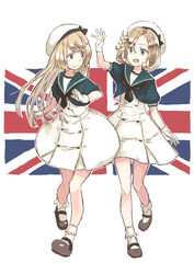  2girls black_necktie blonde_hair blue_eyes blue_sailor_collar brown_footwear dress flag_background full_body gloves hat highres janus_(kancolle) jervis_(kancolle) kantai_collection loafers looking_at_another matsutani multiple_girls necktie off-shoulder_dress off_shoulder parted_bangs sailor_collar sailor_dress sailor_hat shoes short_sleeves socks standing union_jack waving white_background white_dress white_gloves white_headwear white_socks 