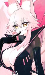  absurdres animal_ear_fluff animal_ears black_bodysuit black_choker bodysuit bow breasts center_opening choker cleavage fate/grand_order fate_(series) female fox_ears fox_girl fox_tail glasses hair_between_eyes hairbow highres koyanskaya_(assassin)_(first_ascension)_(fate) koyanskaya_(fate) large_breasts long_hair looking_at_viewer pink_bow pink_hair ponytail sidelocks smile solo suzukimadaka tail tamamo_(fate) yellow_eyes 