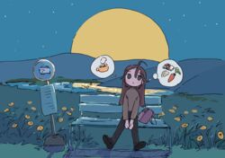  1nupool ahoge bag bench black_eyes blush_stickers brown_hair bus_stop_sign carrot commentary female flower food full_moon handbag highres long_hair moon night night_sky original outdoors sitting sky solo soup thought_bubble 