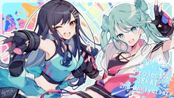  2girls :d anniversary aqua_tank_top artist_name black_gloves black_hair blue_eyes blue_hair blue_jacket bout_for_beside_you_(project_sekai) chuuko_anpu clothes_around_waist commentary copyright_name cropped_shirt earrings fingerless_gloves gloves gradient_eyes hair_ornament hair_rings hatsune_miku highres hoop_earrings jacket jacket_around_waist jewelry long_hair looking_at_viewer midriff multicolored_eyes multiple_girls official_alternate_costume official_art one_eye_closed open_mouth partially_unzipped project_sekai second-party_source shiraishi_an signature smile sports_bra sportswear star_(symbol) star_hair_ornament twintails two-tone_sports_bra very_long_hair vivid_bad_squad_(project_sekai) vivid_bad_squad_miku vocaloid w white_jacket 