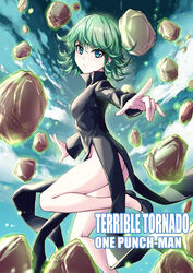  absurdres black_dress blue_eyes breasts colored_eyelashes dress female fish.boy flipped_hair floating floating_rock green_eyes green_hair highres levitation looking_at_viewer no_panties one-punch_man petite short_hair side_slit small_breasts solo tatsumaki telekinesis 