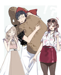  ... 1boy 2girls ^_^ absurdres annoyed bad_id bad_pixiv_id beret black_hair bow brown_hair clenched_hand closed_eyes eyewear_on_head furen_e_lustario glasses hair_behind_ear hat high-waist_pants high-waist_skirt highres holding holding_stuffed_toy looking_to_the_side multiple_girls nijisanji open_hand pants pantyhose parted_bangs red_bow red_eyes red_skirt round_eyewear sanpaku skirt smile stuffed_animal stuffed_toy sugata_dski sunglasses teddy_bear virtual_youtuber white_headwear white_skirt yaguruma_rine yashiro_kizuku 