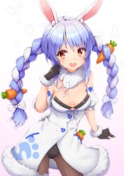  :d animal_ear_fluff animal_ears bare_shoulders black_gloves black_leotard blue_hair braid breasts brown_pantyhose carrot_hair_ornament coat cowboy_shot detached_sleeves don-chan_(usada_pekora) female food-themed_hair_ornament fur_collar fur_trim gloves hair_ornament hair_ribbon highres hololive leotard long_hair looking_at_viewer medium_breasts open_mouth pantyhose puffy_short_sleeves puffy_sleeves rabbit_ears rabbit_girl rabbit_tail red_eyes ribbon short_sleeves smile solo strapless strapless_leotard tail thick_eyebrows toki_(toki_ship8) twin_braids twintails usada_pekora usada_pekora_(1st_costume) very_long_hair virtual_youtuber white_coat 