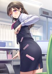  amagi_shino artist_name blush brown_hair calendar_(object) commentary_request dropping eyelashes female half_updo highres long_hair long_sleeves office office_lady original pencil_skirt purple_eyes receptionist_girl_(amagi_shino) shirt signature skirt solo standing surprised vest white_shirt 