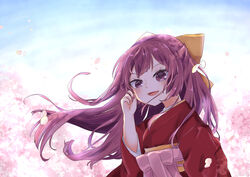  absurdres blue_sky bow cherry_blossoms commentary_request female flower hairbow hakama hakama_skirt highres japanese_clothes kamikaze_(kancolle) kantai_collection kimono long_hair looking_at_viewer meiji_schoolgirl_uniform nami_nami_(belphegor-5812) pink_hakama purple_eyes purple_hair red_kimono skirt sky smile solo tasuki upper_body yellow_bow 